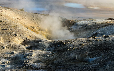 A Porcelain Basin vent steams in the Norris Geyser Basin in Yellowstone National Park