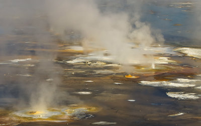 The steaming floor of the Porcelain Basin in the Norris Geyser Basin in Yellowstone National Park