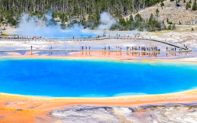 Looking into the Grand Prismatic Spring in the Midway Geyser Basin in Yellowstone National Park