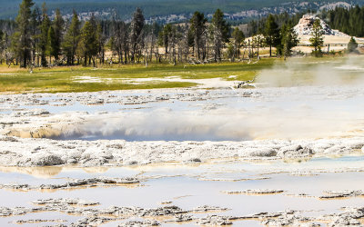 Great Fountain Geyser steams along the Firehole Lake Drive in Yellowstone National Park