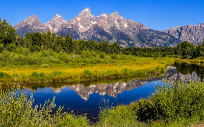 Grand Teton peak across the Snake River from Schwabacher Landing in Grand Teton National Park