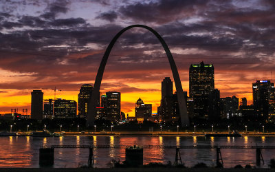 Gateway Arch and St. Louis Missouri at sunset from the Malcom Martin Memorial Park in East St. Louis Illinois