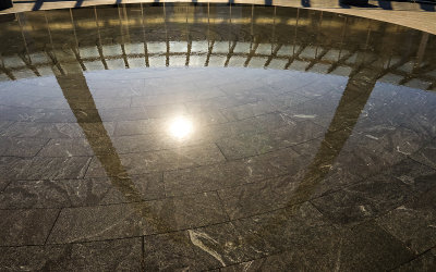 Gateway Arch reflected in the Visitor Center pool in Gateway Arch National Park