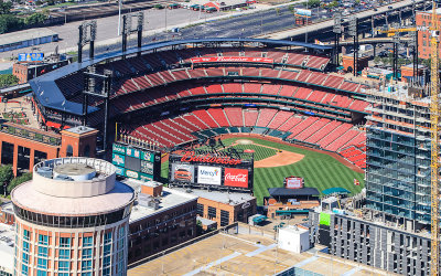 Busch Stadium as seen from the Gateway Arch observation deck in Gateway Arch National Park