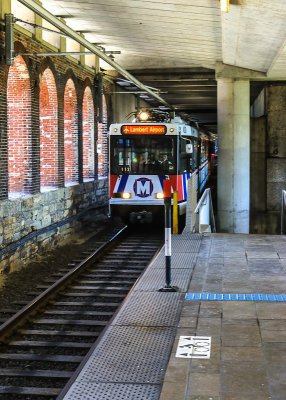 Metrolink train in the station on the St. Louis side of the Mississippi River