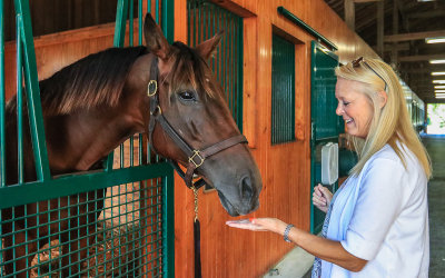 Kathy feeds a carrot to Beholder at Spendthrift Farm