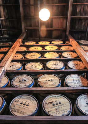 Stacked barrels in the heat-cycled Barrel House at the Woodford Reserve Distillery