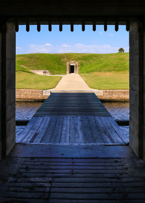 Looking out of the main fort entrance into the Demilune area in Fort Pulaski National Monument