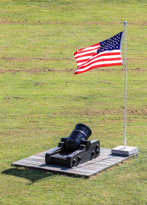Mortar and flag in the courtyard in Fort Pulaski National Monument