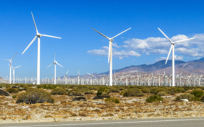 Wind farm with hundreds of wind turbines outside of Palm Springs California