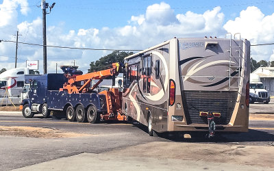 RV being towed after overheating on I-10 near Pensacola Florida