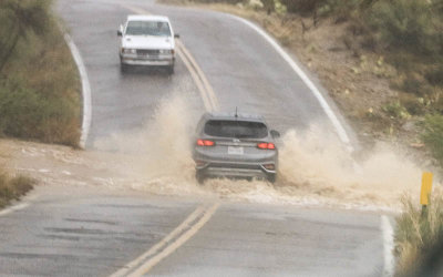 Car attempts a crossing during a flash flood in Tucson Mountain Park