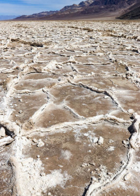 Salt deposits form in cracks in the Badwater Basin in Death Valley National Park