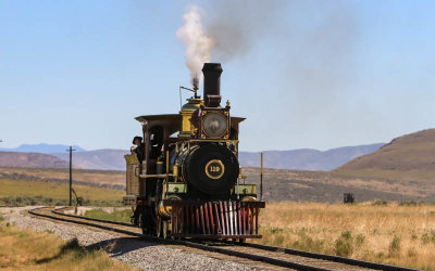 Union Pacific Railroad Engine 119 steams toward Promontory Summit in Golden Spike NHP