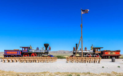 Wide view of The Jupiter and Engine 119 at the Last Spike Site in Golden Spike NHP