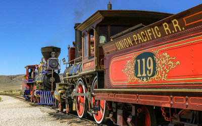 The UPRR Engine 119 and CPRR Jupiter at Promontory Summit in Golden Spike NHP