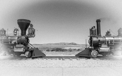 Black and white image of the Last Spike Site at Promontory Summit in Golden Spike NHP