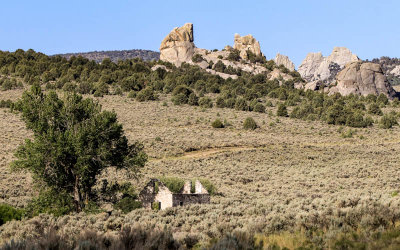 View of an old ranch house among the granite formations in City of Rocks National Reserve