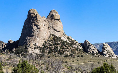 The Twin Sisters granite formation on the south side of the City of Rocks National Reserve