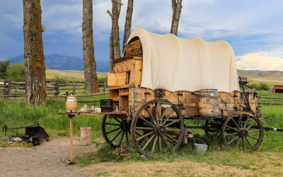 Ranch Chuck Wagon with Mount Powell in the distance in Grant-Kohrs Ranch NHS