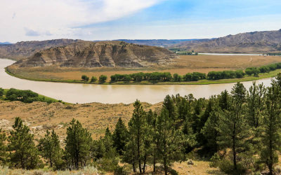 Wide view of the Woodhawk area and the Missouri River bend in Upper Missouri River Breaks NM
