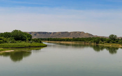 Looking west at the Missouri River from on the Judith Landing bridge in Upper Missouri River Breaks NM