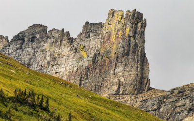 View of the Garden Wall towering above the landscape in Glacier National Park
