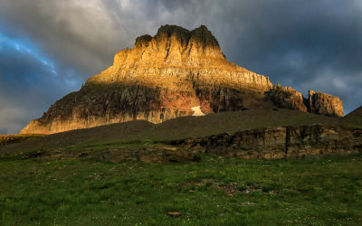 Bright sunlight on Clements Mountain at Logan Pass in Glacier National Park