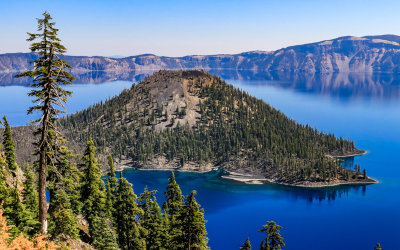 Wizard Island on the west side of Crater Lake in Crater Lake National Park