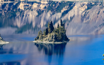 Phantom Ship Island on the edge of Chaski Bay in Crater Lake in Crater Lake National Park