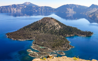 Wizard Island as seen from the Watchman Overlook in Crater Lake National Park