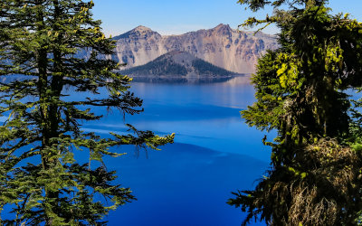 Wizard Island as viewed from the east across Crater Lake in Crater Lake National Park