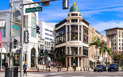 View of high-end shops along Rodeo Drive in Beverly Hills
