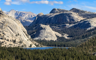 Polly Dome (left), Pywiack Dome and Medlicott Dome with Tenaya Lake in the foreground in Yosemite National Park