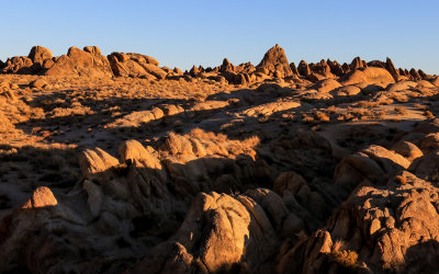 Sunrise on the jumbled rock formations in the Alabama Hills National Scenic Area 