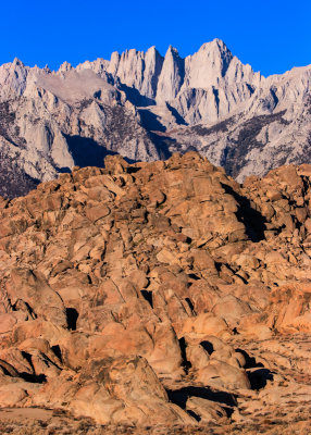 Mount Whitney (right; 14,505 ft) over the rock formations of the Alabama Hills National Scenic Area