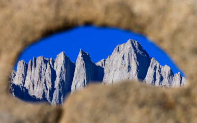 Mount Whitney viewed through Sharkstooth Arch in the Alabama Hills National Scenic Area