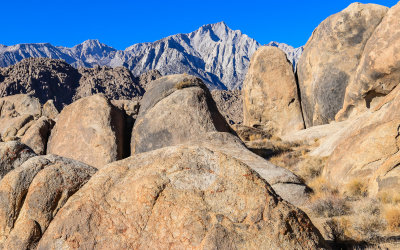 Lone Pine Peak as seen over boulders in the Alabama Hills National Scenic Area