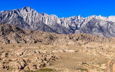 Lone Pine Peak (left) and Mount Whitney (right) as seen over the Alabama Hills National Scenic Area
