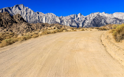 The Movie Road climbing towards the Sierra Mountain Range in the Alabama Hills National Scenic Area