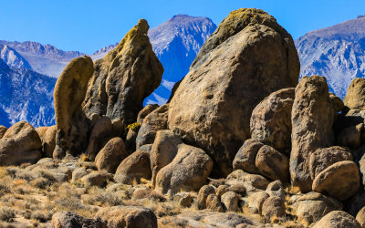 Rock formations with the Sierra Mountain Range in the distance in the Alabama Hills National Scenic Area