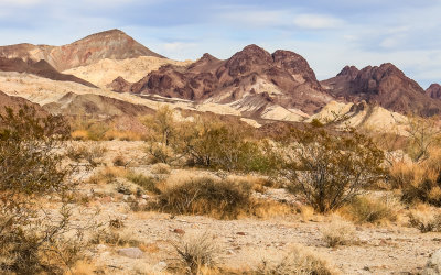 Closeup of rugged Marble Mountain range along US Route 66 in Mojave Trails National Monument