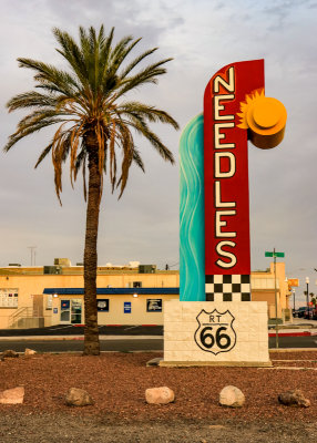 Route 66 marker in the Needles California Town Square along US Route 66 