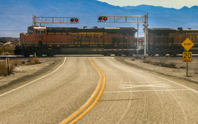BNSF train passes over Route 66 in Amboy along US Route 66
