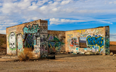 Graffiti covered building abandoned along US Route 66