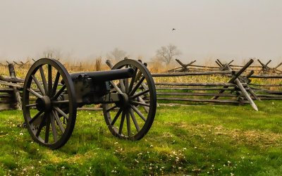 A cannon in the fog near the Peach Orchard in Gettysburg NMP 