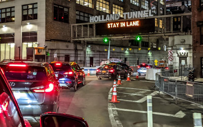Entrance to the Holland Tunnel at night in New York City