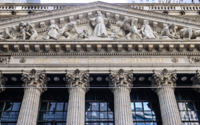 Closeup of the New York Stock Exchange building on Wall Street in New York City