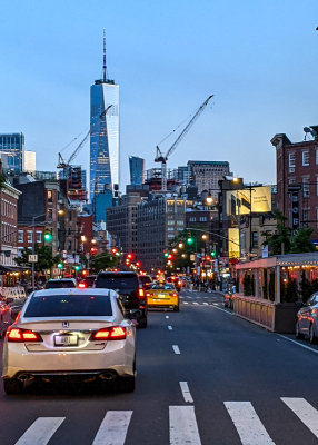 Traffic heading south toward One World Trade Center and Southern Manhattan in New York City