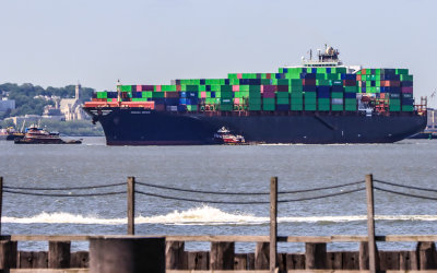Container ship in New York Harbor, the Hudson River, in New York City